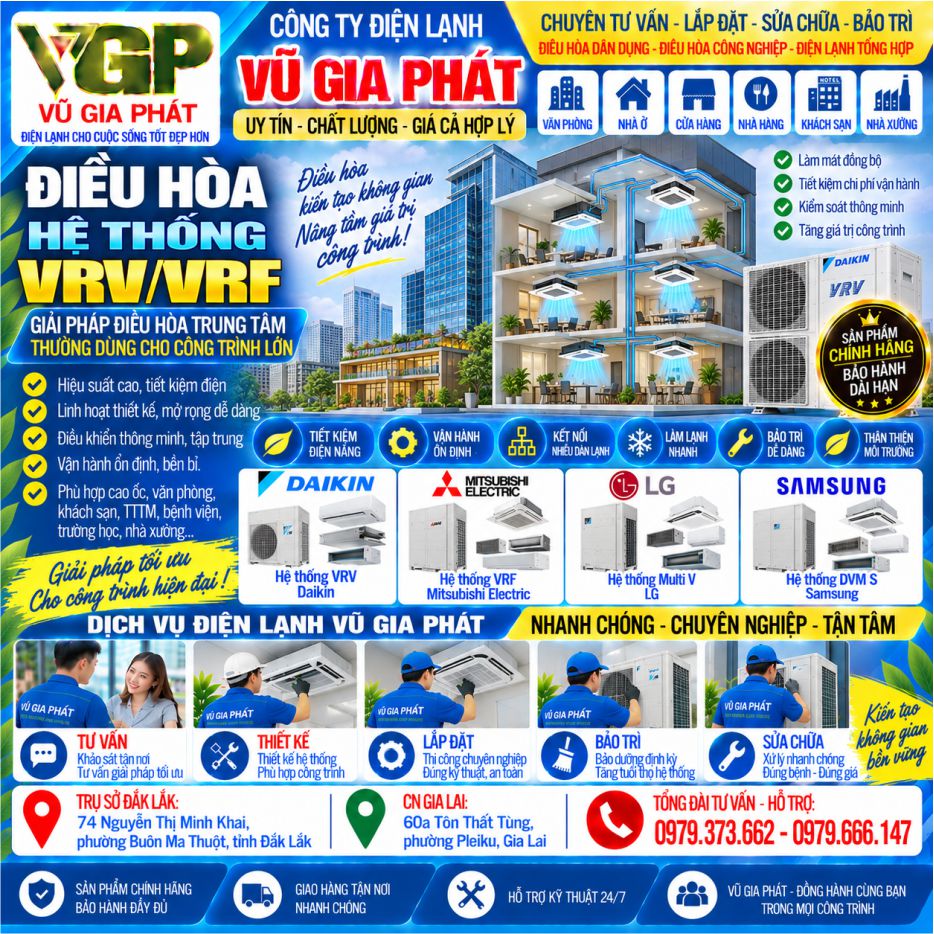 Điều hoà hệ thống VRV - VRF thường dùng cho các công trình lớn